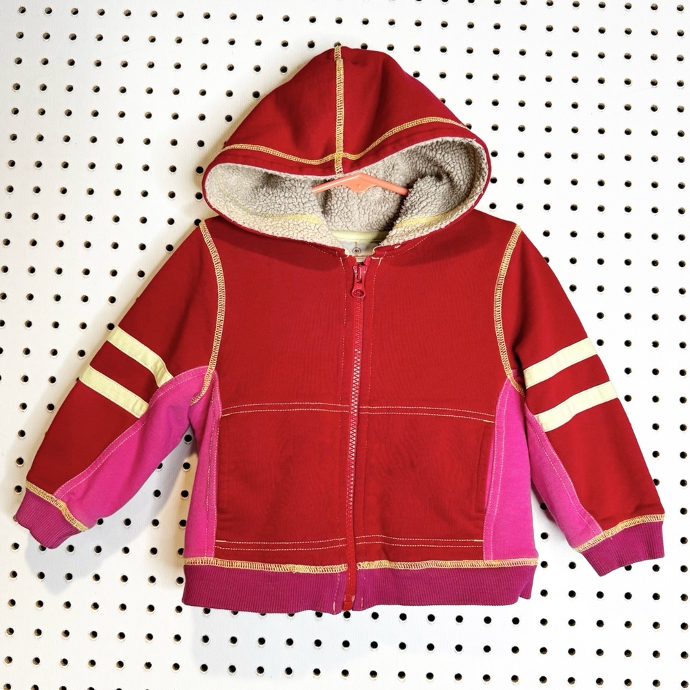 Hanna Andersson | Sherpa Lined Knit Hoodie, Red and Pink Color‎ Block Sz. 80cm